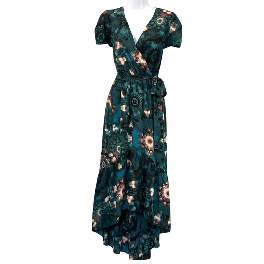 Whimsy Floral Wrap Dress in Teal Pattern